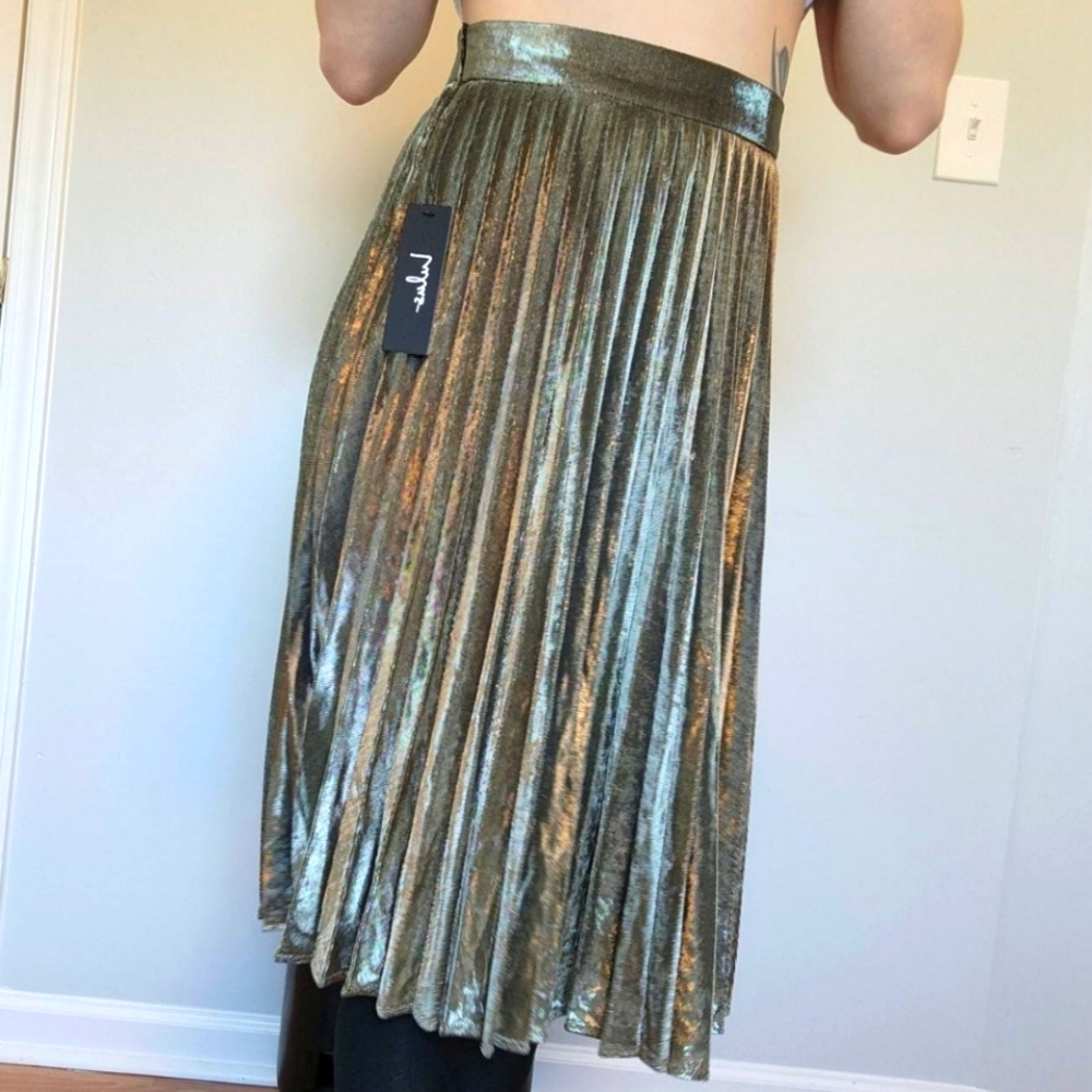 Gold Metallic Pleated Tea Length Skirt